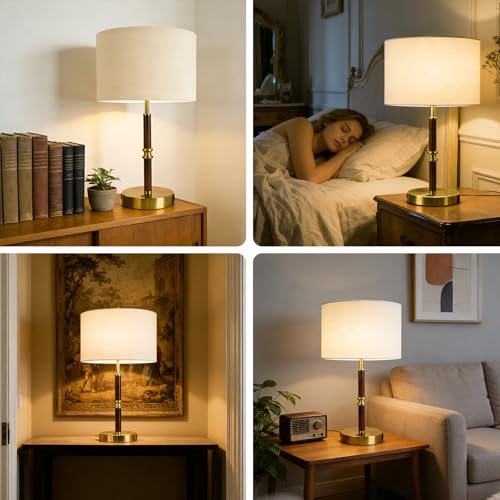 Image of Table Lamp for Bedroom with USB & AC Outlet, Bulb Not Included | 19.3 inch Wood & Metal Mid Century Lamps Table Lamp for Living Room,Bedside Table Lamp with Linen Shade, Weighted Base,Home Decor