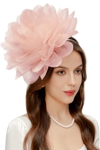 BABEYOND Fascinators Hats for Women - Tea Party Kentucky Fascinator Derby Hat Mesh Flower Fluffy Headband with Hair Clip Pink