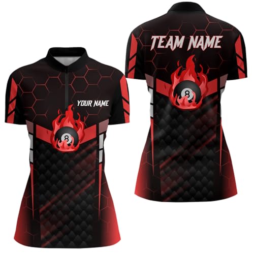 Personalized Red Fire 8 Ball Billiard 3D Quarter Zip Shirts for Women 8 Ball Pool Team Jerseys V1018