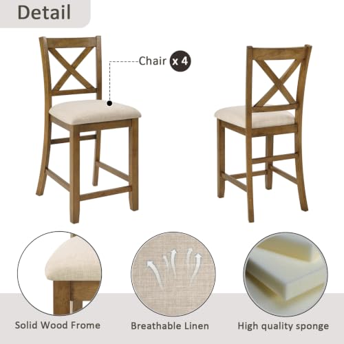Image of LUMISOL 5-Piece Dining Table Set for 4, Farmhouse Counter Height Kitchen Table with 4 Padded Chairs, Solid Wood Square Table and Chairs Set for Dining Room, Kitchen, Oak