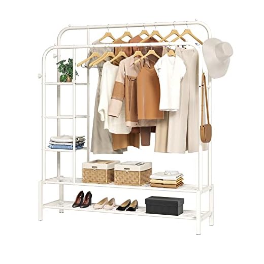 JOISCOPE Double Rods Portable Garment Rack for Hanging clothes, Space Saving Clothing Rack, Freestanding Hanger with Bottom Shelves and 4 Hooks, Heavy Duty Clothes Rack for Bedroom, 46inch, White