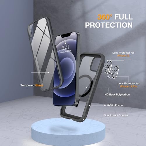 Image of Miracase Magnetic for iPhone 12 /12 Pro Case 6.1 inch, (Compatible with MagSafe) Upgrade Full-Body Clear Phone Bumper Case with Built-in 9H Tempered Glass Screen Protector, Magnetic Classic Black