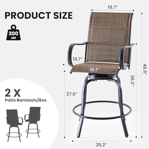 Image of Soohow Swivel Patio Bar Stools Set of 8, Textilene Padded Barstools Brown | 360 Swivel Tall Bar Height Chairs, Breathable Fabric, with Leveling Feet, Weather-resistant, for Balcony, Poolside, Yard