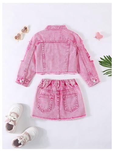 Image of WDIRARA Girl's 2 Piece Outfit Ripped Button Front Long Sleeve Denim Jackets and Mini Skirts Set