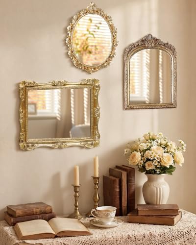 Wonderjune 3 Pcs Vintage Gold Mirror Set Wall Decorative, 8-15in