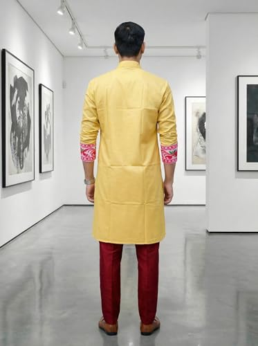 Image of Men's Jamdani Printed Kurta Pajama Set | Pure Cotton Ethnic Kurta with Mandarin Collar & Dupion Silk Pyjama | Festive & Weddings 303A12A 303SB12B(M XXL)