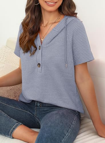 Dokotoo Womens Summer Tops Waffle Knit Short Sleeve Lightweight Drawstring Hoodies Button V Neck Casual Blouses Shirts4