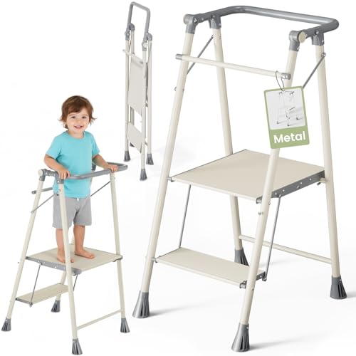 DEANIC Foldable Toddler Tower, Kitchen Helper Step Stool for Kids, Montessori Learning Tower, Folding 2-Step Ladder with Lockable Safety Rail (Grey)