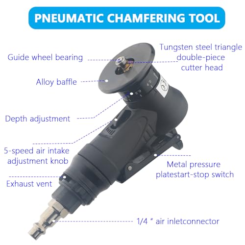 Image of Pneumatic Chamfering Tool - 45 Mini Air-Powered Chamfer Machine for Beveling & Deburring, Adjustable Depth & Speed, 1 /4 inch Air Inlet, R Angle Blades for Metal, Wood, Acrylic