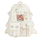 Cute Kawaii Backpack for Girls – College Student Rucksack Nylon School Backpack with Plush Pendant Pin Cute Large Capacity Japanese Style for School Teen Girls Boys