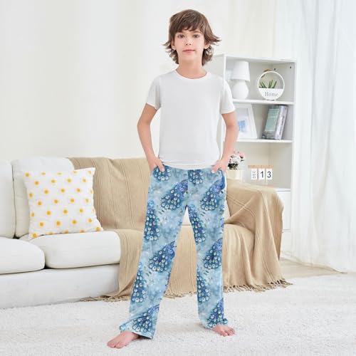 ALAZA Peacock Seamless Watercolor Pattern Pajamas Bottoms with Pockets Comfy Pjs Sleepwear Elastic Waistband Pajamas Pants Lounge Pants for 6-14 Years 6