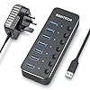 RSHTECH USB Hub Powered 7 Port USB 3.0 Data Hub Aluminum USB Extension Splitter with Individual On/Off Switch Universal AC to DC 5V Power Adapter (RSH-518)