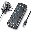 RSHTECH USB Hub Powered 7 Port USB 3.0 Data Hub Aluminum USB Extension Splitter with Individual On/Off Switch Universal AC to DC 5V Power Adapter (RSH-518)