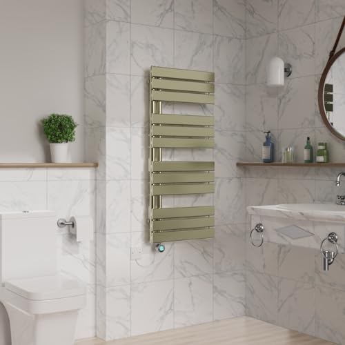 Warmehaus Designer Smart WiFi Thermostatic Electric Bathroom Heated Towel Rail Warmer Radiator with Timer Flat Panel 1126x500mm Brushed Brass