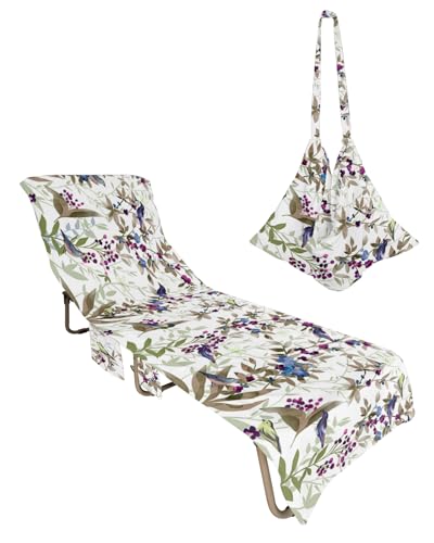 Brown Green Botanical Beach Lounge Chair Towel Cover, Soft Chaise Lounge Towel with Side Pockets Patio Pool Chairs Cover for Beach/Pool Sunbathing 29x85 Pastoral Plants Spring Floral Birds