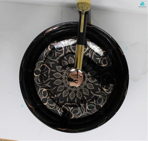 BASSINO 16x16x6 Inches Ceramic Counter Top Wash Basin/1 Year Warranty/Moroccan Round Tabletop Basin for Bathroom/Above Counter Sink for Dining Hall/Living Room/Hotel/Office(Black & Rose Gold Finish)