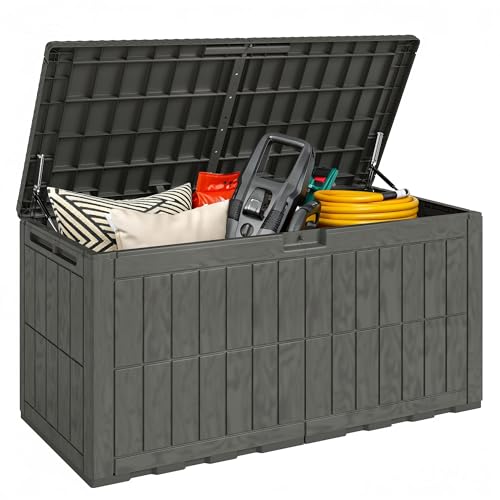 Outsunny Arcón Exterior Capacidad 440L, Baúl de Almacenaje Exterior de Resina Resistente al Agua y a los Rayos UV, con Tapa Bloqueable, Barras de Gas, Asas Laterales, para Jardín, 133x62x65 cm, Café
