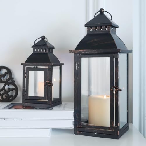 Image of NEEDOMO Lanterns Decorative Outdoor&Indoor, Set of 2 Large Bronze Metal Lantern Decor with Glass, Candle Holder for Porch, Patio, Garden, Balcony, Wedding, Table Centerpiece Decorations