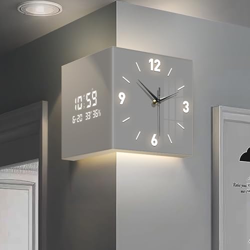 LED Corner Wall Clock, Double-Sided Digital Clock, Decorative Sensor Switch Clock for Bedroom & Living Room Home Decor, 16" Luminous Corner Clocks