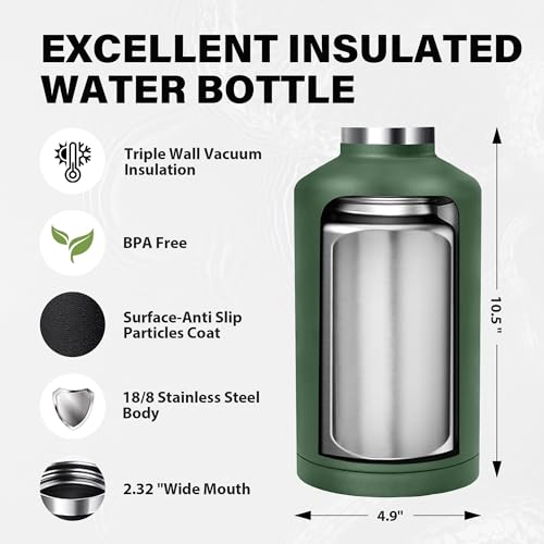 Image of Insulated Water Bottle 64 oz, Triple Wall Vacuum Stainless Steel Water Bottles (Cold for 48 Hrs), Leak Proof & Non-BPA, Half Gallon Water Flask Jug Wide Mouth Straw Lid & Spout Lid
