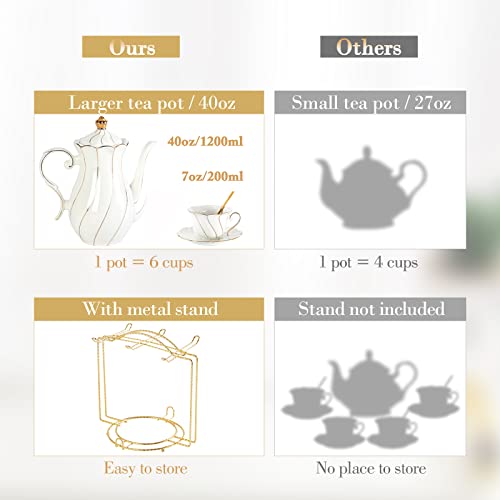 Dujust 22 Pcs White Porcelain Tea Set For 6, Luxury British Style Tea/Coffee Cup Set With Golden Trim, Beautiful Tea Set For Women, Tea Party Set, Gift Package (Including A Stand) - White #TOP1