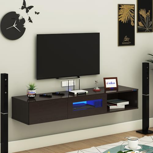 Image of Anikaa Strix Wall Mount Modern Floating TV Unit for Living Room with 3 Storage Cabinet & Blue LED Light (Ideal for 32 to 55 inch TV, DIY Installation, Wenge Finish)