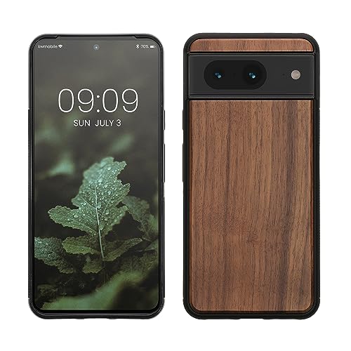 kwmobile Real Wood Case Compatible with Google Pixel 8 Case - Hard Wooden Cover w/TPU Bumper - Dark Brown Walnut