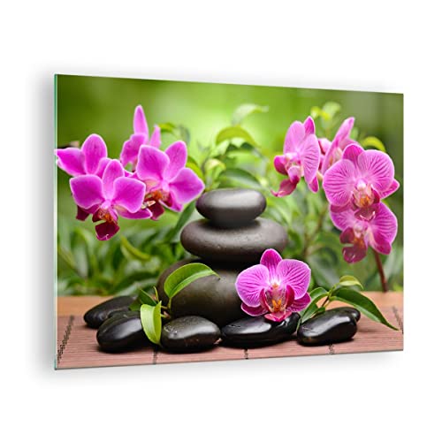 Moderne Impression sur Verre Fleurs pierres bambou décoration Image Tableau en Verre Decoration Murale 70x50cm Deco Cadre Salon Chambre Horizontal Petit Tableaux Decoratifs Muraux Art GAA70x50-2687