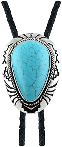 QUKE Native Western Blue Natural Turquoise Stone Bolo Tie Handmade Genunie Leather For Men Women
