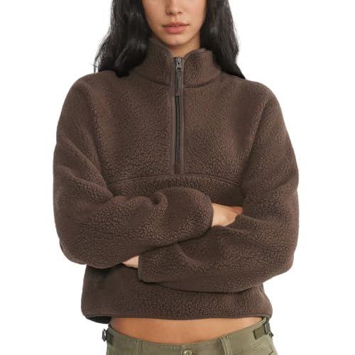 Womens Fleece Half Zip Pullover Fuzzy Sherpa Jacket with Pockets(Brown,L)