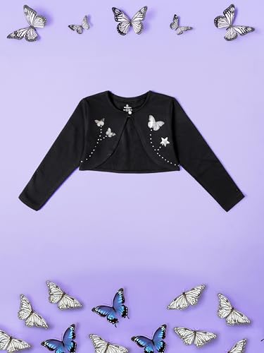 Image of KiddoPanti Girls Fleece Crop Length Shrug | Cotton Poly Fleece Fabric |Sequin Patch on Chest | Front Open Pearl Button Closure | Crop Length, Full Sleeve | Lightweigth & Breathable Girls Shrug