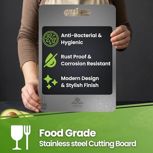 Image of Arteora Premium 304 Stainless Steel Chopping Board for Kitchen | Food Grade Steel | Anti-Bacterial, Rust-Proof, Odor-Free | Vegetable Cutting Board (Silver 35x25cm | Large)