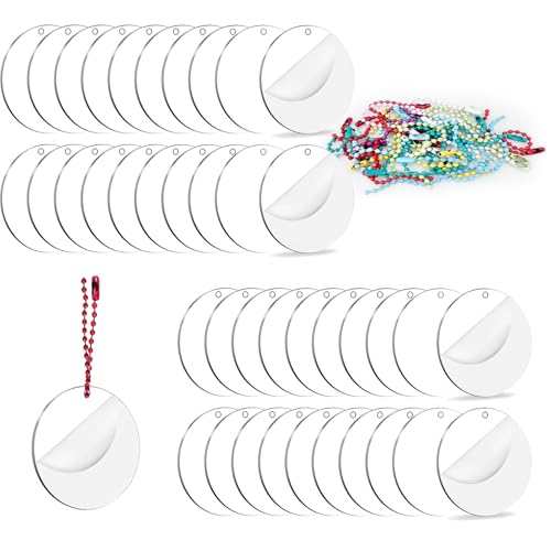 40 Pcs 2 Inch Round Acrylic Blanks Clear Discs with 40 Colorful Chains, Acrylic Circle Blanks 2 Inch Round for Crafts, Festival Decor, DIY Projects, Painting