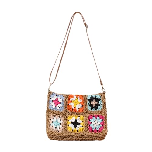 Muloo Ethnic Vintage Woven Flap Crossbody Bag Beach Vacation Crochet Colorful Flower Shoulder Bag Purse with Adjustable Strap, Camel