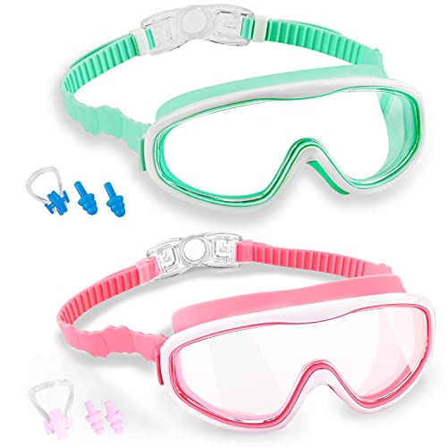 Elimoons Kids Goggles for Swimming Age 3-15,Kids Swim Goggles with Nose Cover No Leaking Anti-Fog Waterproof(2pack)