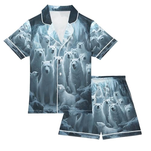 ALAZA White Animal Polar Bear Satin Pajamas Set Short Sleeve Button Down Sleepwear Summer Pjs 2 Piece