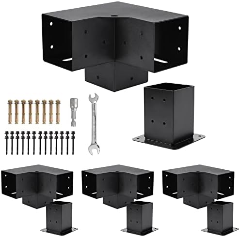 4x4 Pergola Kit,Pergola Brackets 3-Way Right Angle Corner Bracket and Post Base with Black Powder Coated, Modular Sizing Woodworks DIY Pergola Kit, Outdoor Pergola/Gazebo Hardware for 4x4 Lumber