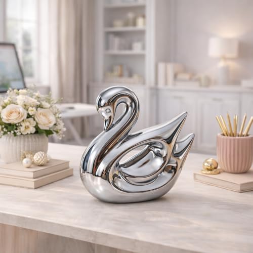 Image of Xtore Metallic Silver Swan Ceramic Figurine for Home Decor, Elegant Tabletop Accent for Living Room & Bedroom