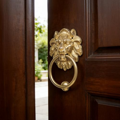 Aldaba de puerta contra el desgaste: Latón macizo pulido estilo cabeza de leones 4