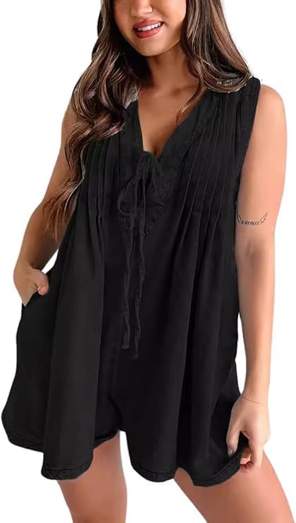 Fronage Women's Denim Dress Sleeveless Tie Front Ruffle Jean Dress Casual V Neck Club Party Dress