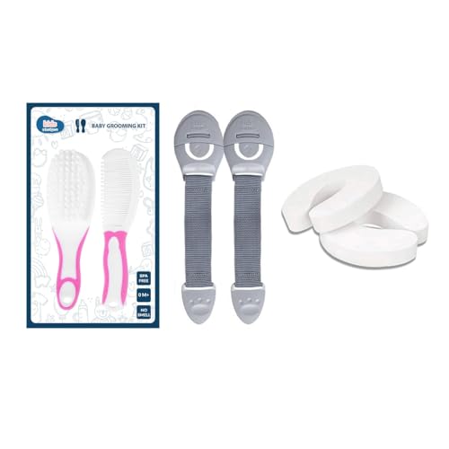 Image of Chipmunks Baby Proofing Finger Pinch Door Guard for Kids Safety, Made in India, Door Stopper Guard for Accidental Door Lock & Slamming for Child, Babies & Pet Safety (Multi, 2 Lock Grey+2 Door Stopper+1 Grooming Kit Pink)
