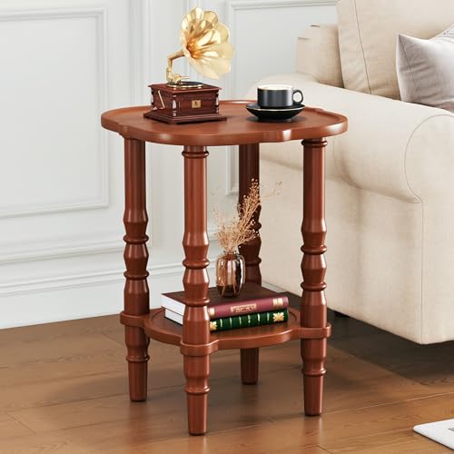 MYOTA Solid Wood End Table Living Room - 21.7" H Small Narrow Square Wooden End Table for Small Spaces, Dark Real Brown Solid Wood Vintage Antique Side Bedside Table Nightstand with 2-Tier Storage