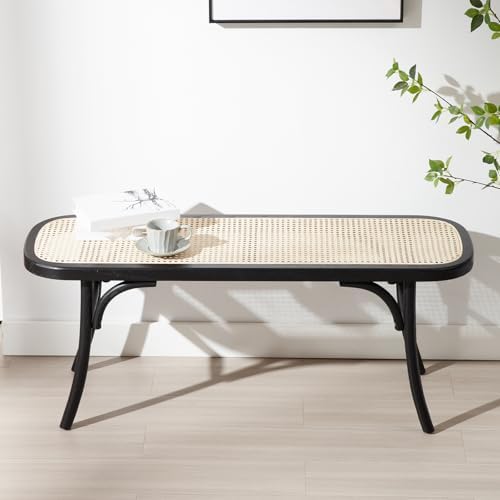 Ya-Home Sitzbank Holz, Bettbank Rattan, 115,5 x 34 x 47cm, Schwar...