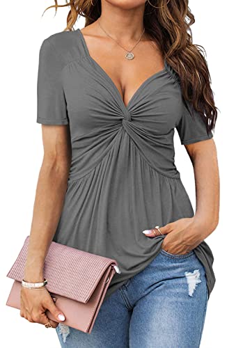 Tankaneo Women Front Knotted V-Neck Blouse T Shirt Short Sleeve Oversized Tunic Tops Summer Solid Pullover Tees