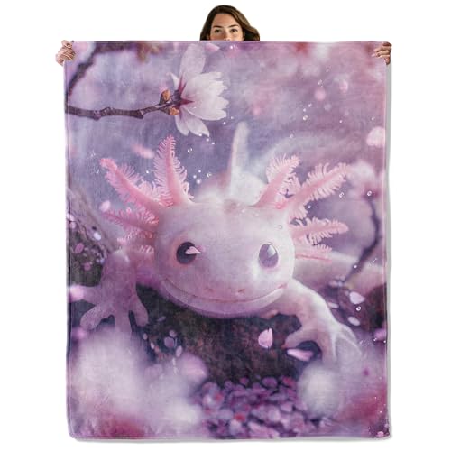 GBXGBX Cute Axolotl Throw Blanket – Pink Salamander Cherry Blossom Design, Cozy Warm Flannel Blankets, All Season Use, Kids Girls Women Gifts, 50x60in, Sofa Office Dorm Travel RV Farmhouse Decoration