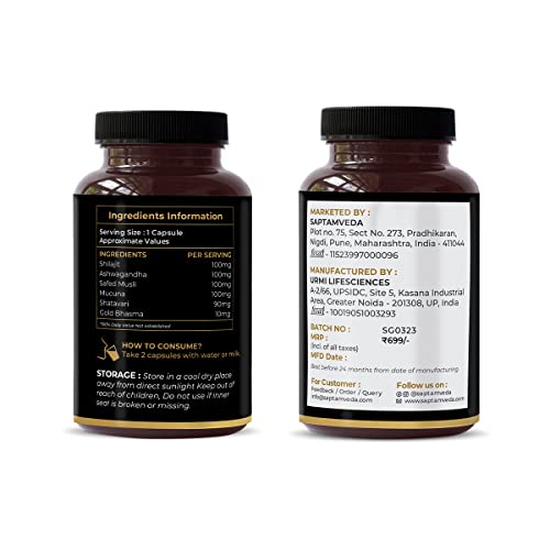 Saptamveda Men's Wellness - 240 Capsules (60 X Pack of 4) Supplement with Ashwagandha, Shilajit, Safed Musli, Shatavari, and Gold Bhasma
