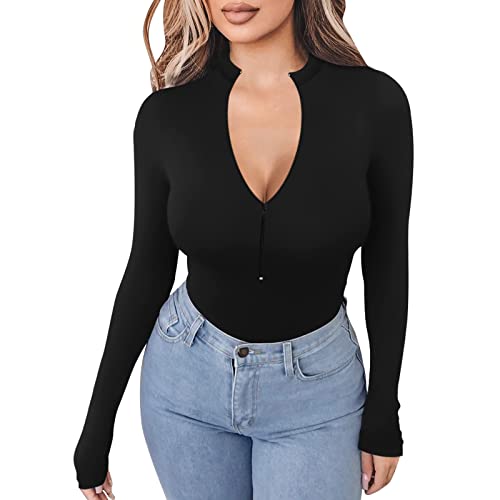 SLENDIPLUS Body feminino sexy zíper frontal gola careca manga longa tops body camisas macaquinho com