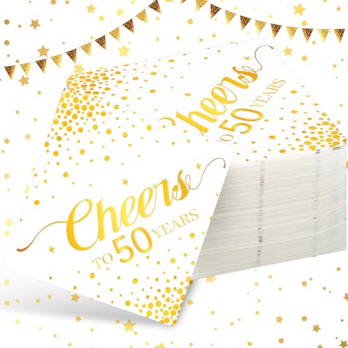 Geelin 50 Years 180 Pcs Gold Cheers Cocktail Napkins, Disposable Supply