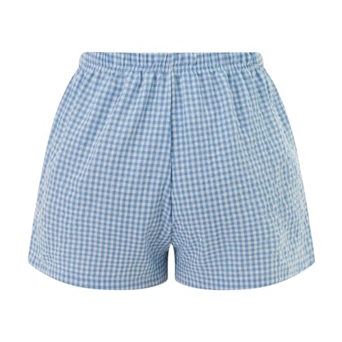 Image of Yuemengxuan Y2k Plaid Shorts Baggy Boxer Shorts for Women Elastic Waist Casual Lounge Bottom Gingham Pajama Shorts Sleepwear