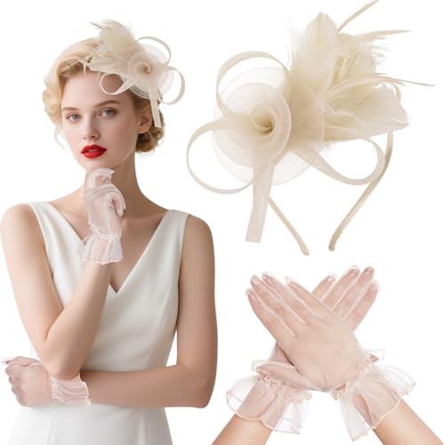 Jmkcoz Fascinators Hat for Women Cocktail Wedding 20s Tea Party Headwear Gloves (Champagne One Size)